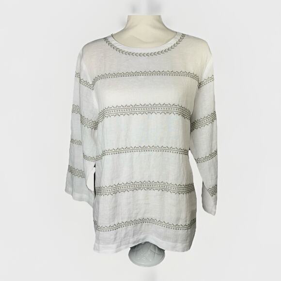 J. Jill Love Linen Med Top Blouse White Embroidered Stripe 3 QTR Balloon Sleeve - Picture 1 of 8